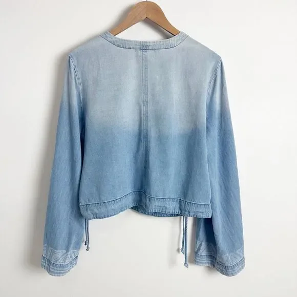 CLOTH & STONE Wrap Crop Top Large Blue Denim Tie Long Flared Sleeve Aztec - Picture 7 of 10